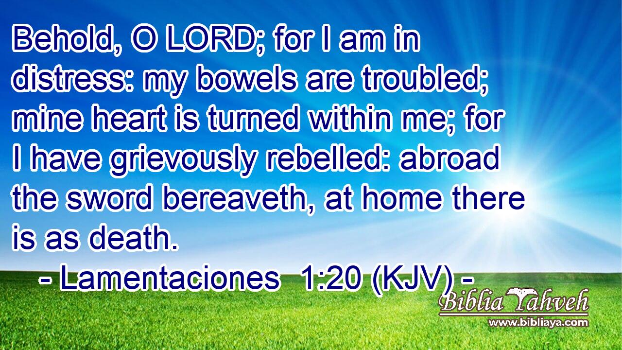 Behold, O LORD; for I am in distress: my bowels are troubled; mine heart is turned within me; for I have grievously rebelled: abroad the sword bereaveth, at home there is as death.