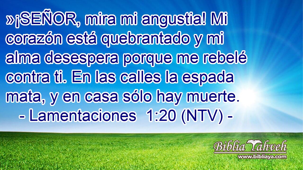 »¡SEÑOR, mira mi angustia! Mi corazón está quebrantado y mi alma desespera porque me rebelé contra ti. En las calles la espada mata, y en casa sólo hay muerte.