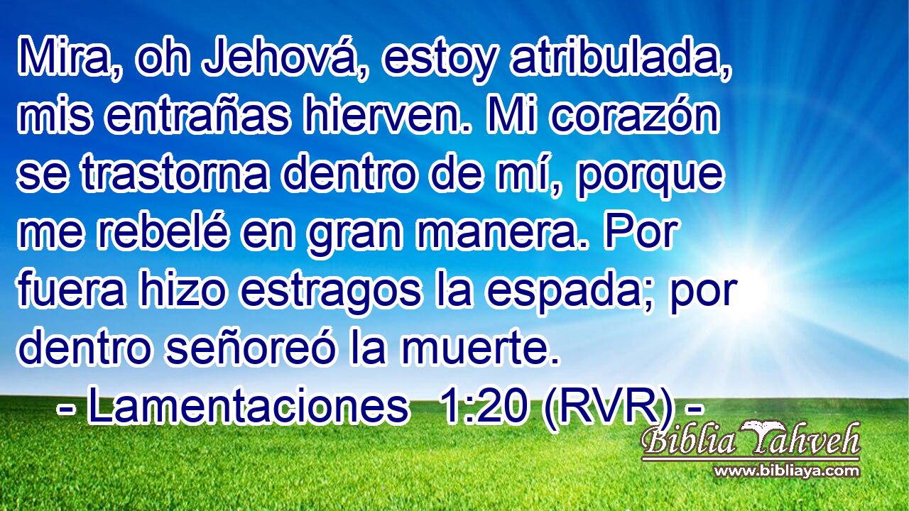 Mira, oh Jehová, estoy atribulada, mis entrañas hierven. Mi corazón se trastorna dentro de mí, porque me rebelé en gran manera. Por fuera hizo estragos la espada; por dentro señoreó la muerte.