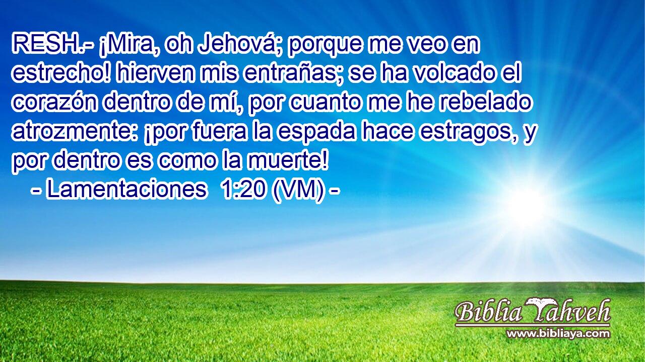  RESH.- ¡Mira, oh Jehová; porque me veo en estrecho! hierven mis entrañas; se ha volcado el corazón dentro de mí, por cuanto me he rebelado atrozmente: ¡por fuera la espada hace estragos, y por dentro es como la muerte! 