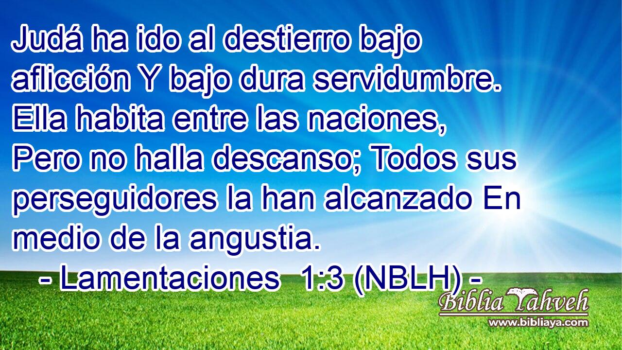  Judá ha ido al destierro bajo aflicción Y bajo dura servidumbre. Ella habita entre las naciones, Pero no halla descanso; Todos sus perseguidores la han alcanzado En medio de la angustia. 