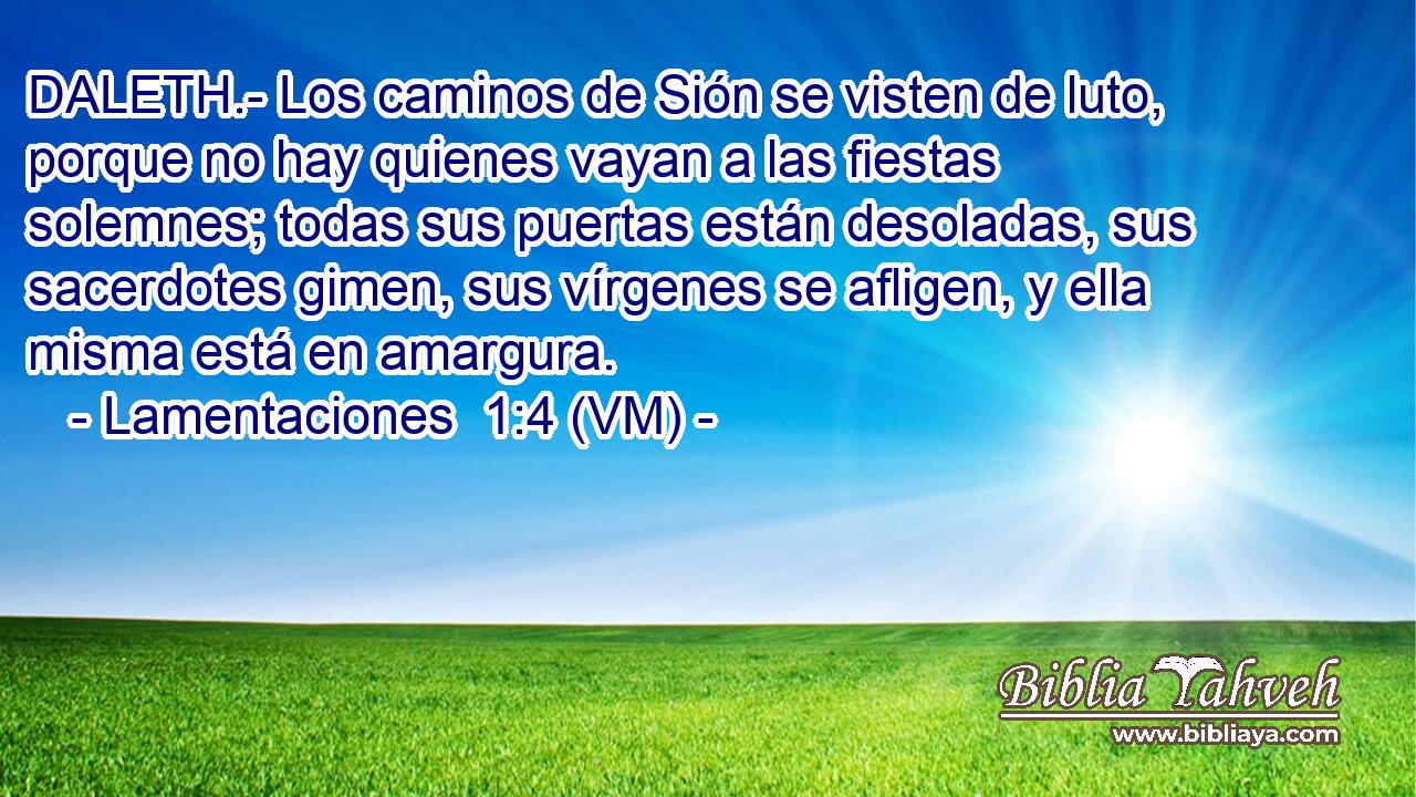  DALETH.- Los caminos de Sión se visten de luto, porque no hay quienes vayan a las fiestas solemnes; todas sus puertas están desoladas, sus sacerdotes gimen, sus vírgenes se afligen, y ella misma está en amargura. 