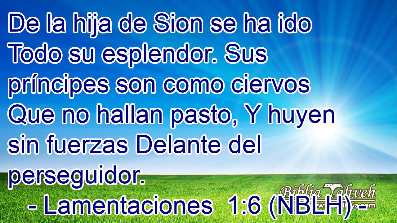 De la hija de Sion se ha ido Todo su esplendor. Sus príncipes son como ciervos Que no hallan pasto, Y huyen sin fuerzas Delante del perseguidor. 
