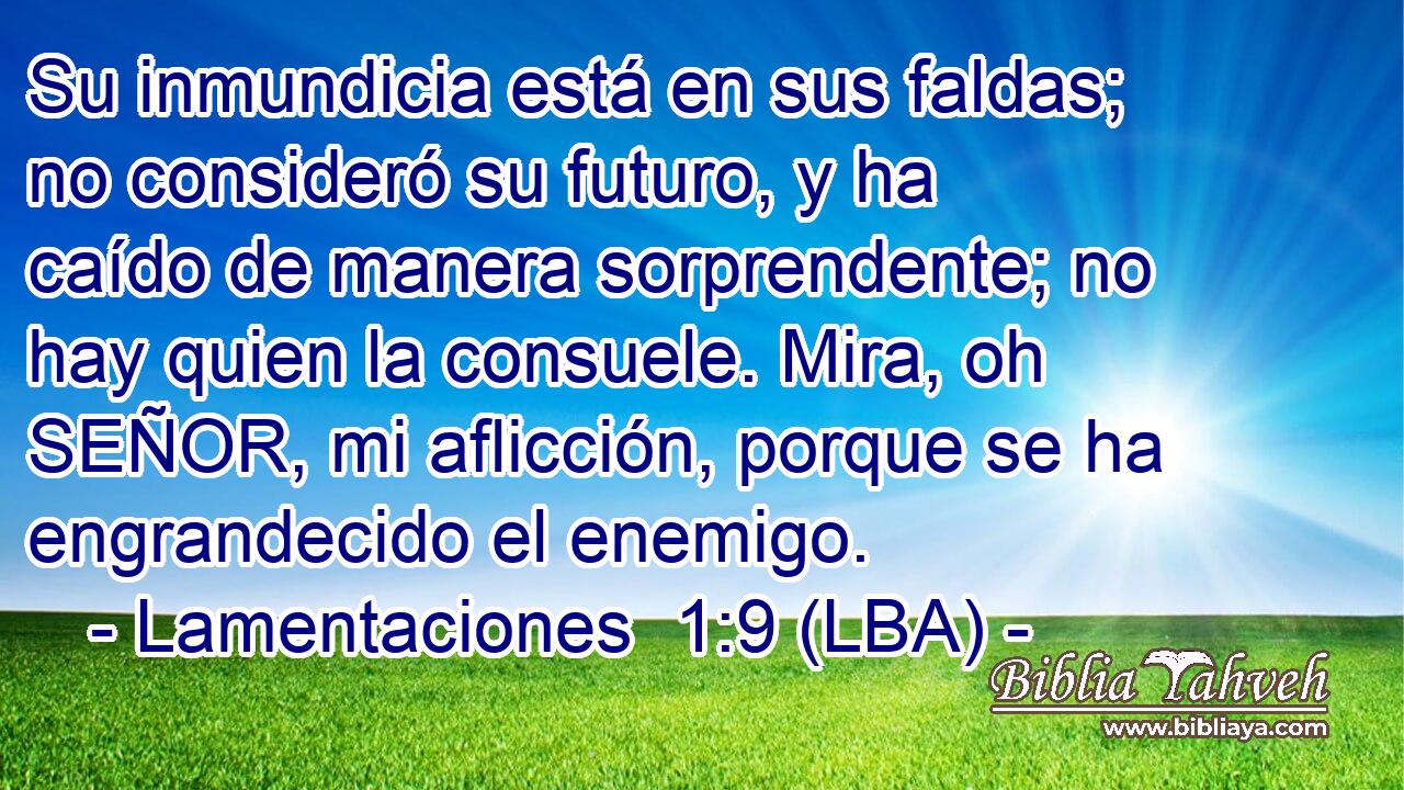 Su inmundicia está en sus faldas; no consideró su futuro, y ha caído de manera sorprendente; no hay quien la consuele. Mira, oh SEÑOR, mi aflicción, porque se ha engrandecido el enemigo.