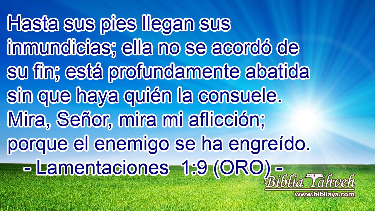  Hasta sus pies llegan sus inmundicias; ella no se acordó de su fin; está profundamente abatida sin que haya quién la consuele. Mira, Señor, mira mi aflicción; porque el enemigo se ha engreído. 