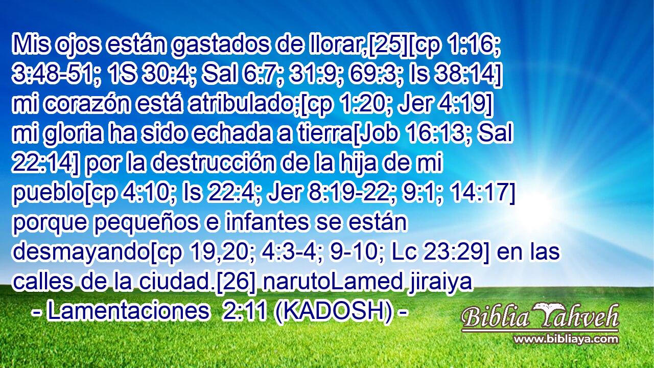  Mis ojos están gastados de llorar,[25][cp 1:16; 3:48-51; 1S 30:4; Sal 6:7; 31:9; 69:3; Is 38:14] mi corazón está atribulado;[cp 1:20; Jer 4:19] mi gloria ha sido echada a tierra[Job 16:13; Sal 22:14] por la destrucción de la hija de mi pueblo[cp 4:10; Is 22:4; Jer 8:19-22; 9:1; 14:17] porque pequeños e infantes se están desmayando[cp 19,20; 4:3-4; 9-10; Lc 23:29] en las calles de la ciudad.[26] narutoLamed jiraiya 