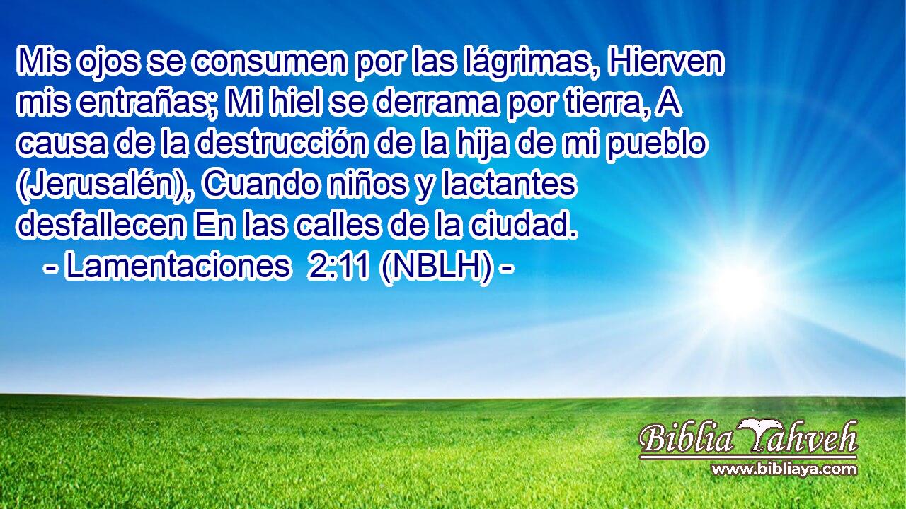  Mis ojos se consumen por las lágrimas, Hierven mis entrañas; Mi hiel se derrama por tierra, A causa de la destrucción de la hija de mi pueblo (Jerusalén), Cuando niños y lactantes desfallecen En las calles de la ciudad. 