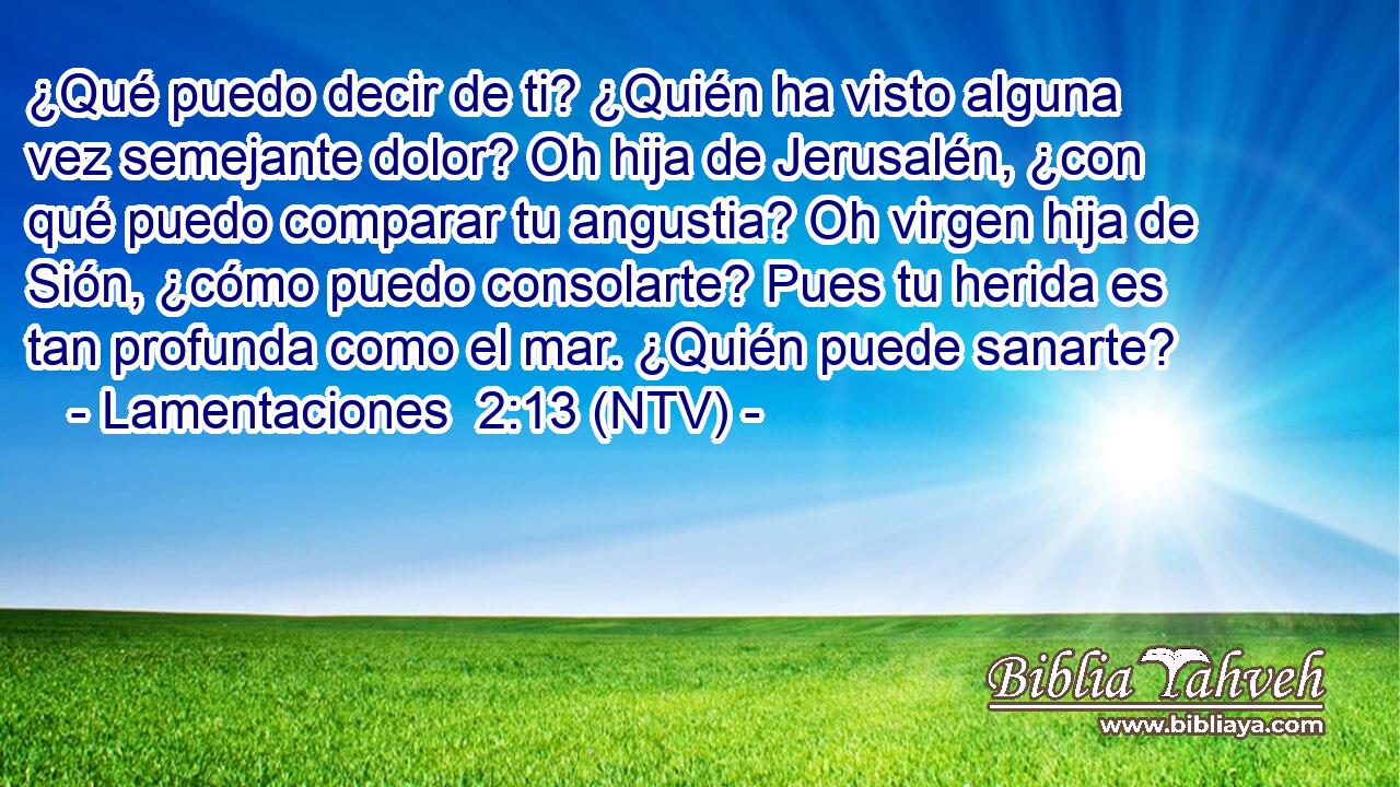 ¿Qué puedo decir de ti? ¿Quién ha visto alguna vez semejante dolor? Oh hija de Jerusalén, ¿con qué puedo comparar tu angustia? Oh virgen hija de Sión, ¿cómo puedo consolarte? Pues tu herida es tan profunda como el mar. ¿Quién puede sanarte?
