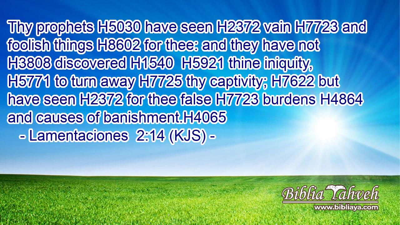 Thy prophets H5030 have seen H2372 vain H7723 and foolish things H8602 for thee: and they have not H3808 discovered H1540  H5921 thine iniquity, H5771 to turn away H7725 thy captivity; H7622 but have seen H2372 for thee false H7723 burdens H4864 and causes of banishment.H4065