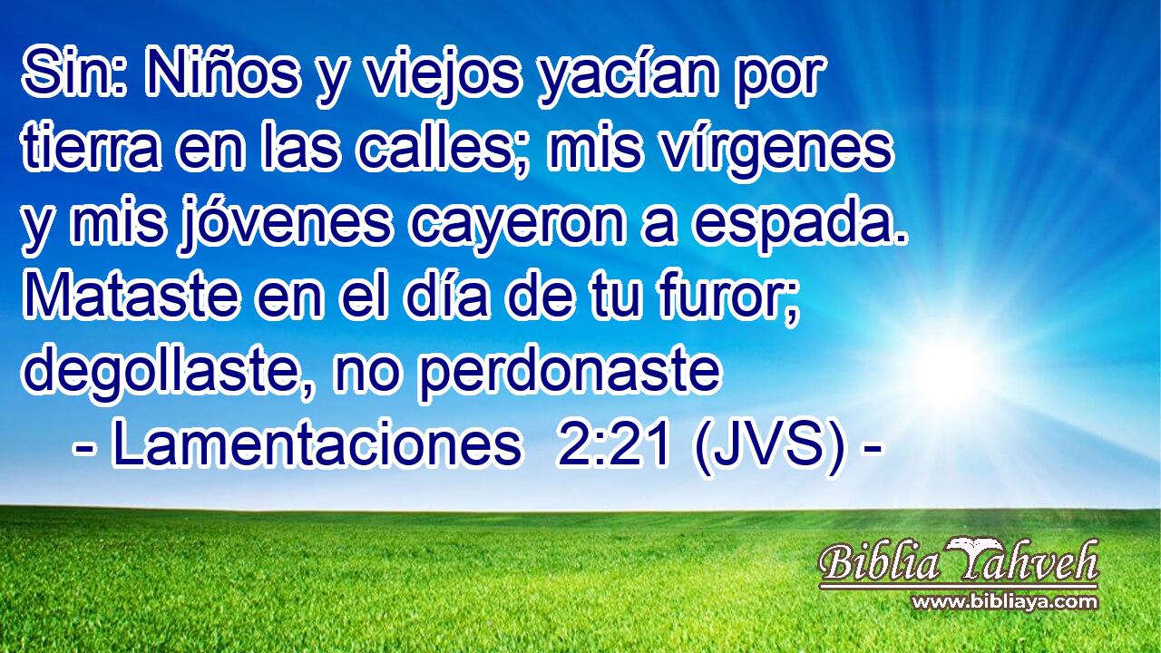 Sin: Niños y viejos yacían por tierra en las calles; mis vírgenes y mis jóvenes cayeron a espada. Mataste en el día de tu furor; degollaste, no perdonaste