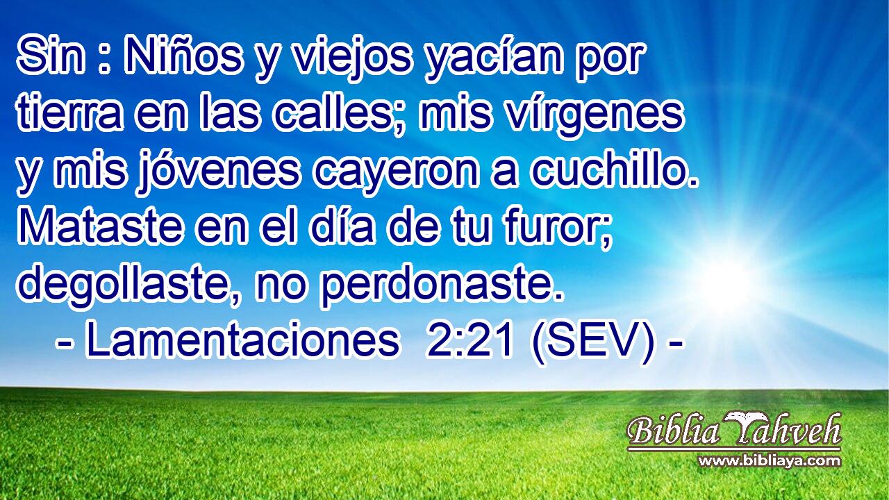 Sin : Niños y viejos yacían por tierra en las calles; mis vírgenes y mis jóvenes cayeron a cuchillo. Mataste en el día de tu furor; degollaste, no perdonaste.