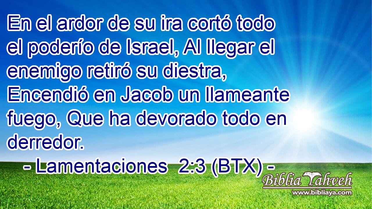 En el ardor de su ira cortó todo el poderío de Israel, Al llegar el enemigo retiró su diestra, Encendió en Jacob un llameante fuego, Que ha devorado todo en derredor.