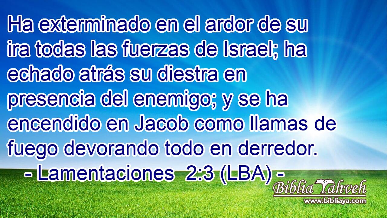 Ha exterminado en el ardor de su ira todas las fuerzas de Israel; ha echado atrás su diestra en presencia del enemigo; y se ha encendido en Jacob como llamas de fuego devorando todo en derredor.
