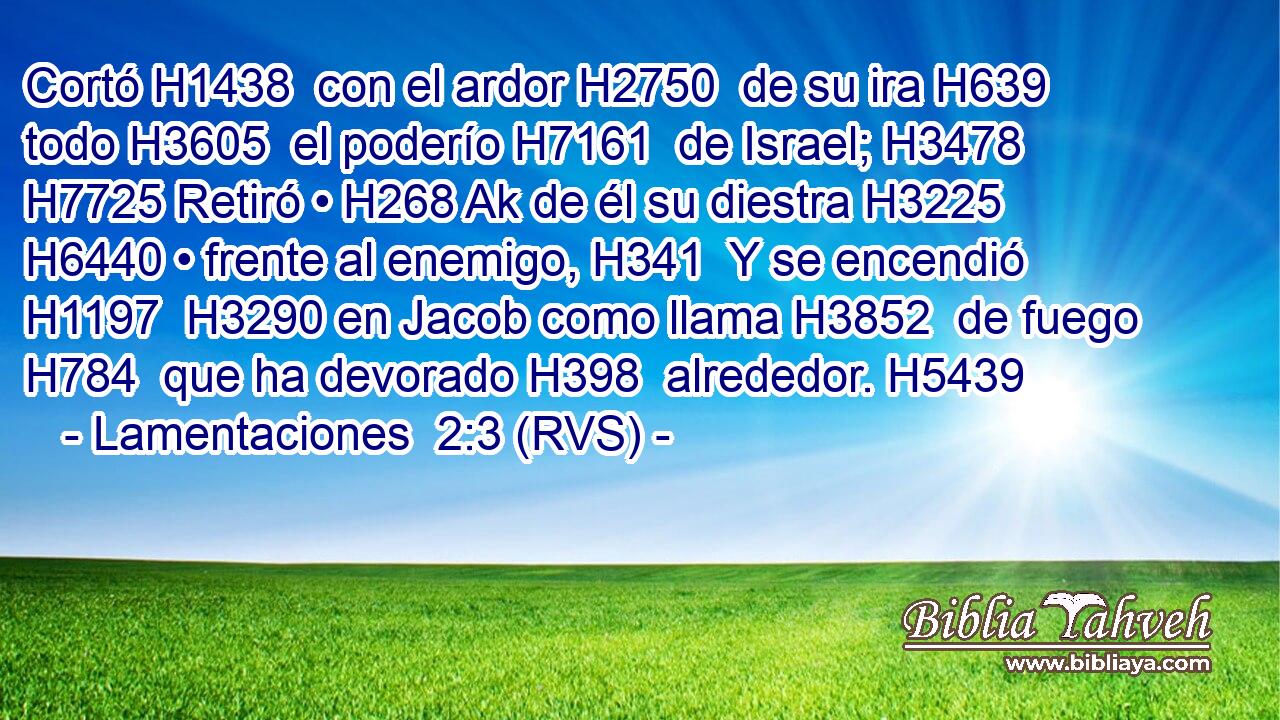 Cortó H1438  con el ardor H2750  de su ira H639  todo H3605  el poderío H7161  de Israel; H3478  H7725 Retiró • H268 Ak de él su diestra H3225  H6440 • frente al enemigo, H341  Y se encendió H1197  H3290 en Jacob como llama H3852  de fuego H784  que ha devorado H398  alrededor. H5439  