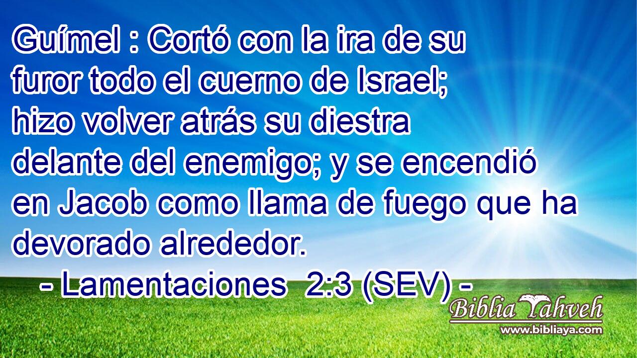 Guímel : Cortó con la ira de su furor todo el cuerno de Israel; hizo volver atrás su diestra delante del enemigo; y se encendió en Jacob como llama de fuego que ha devorado alrededor.