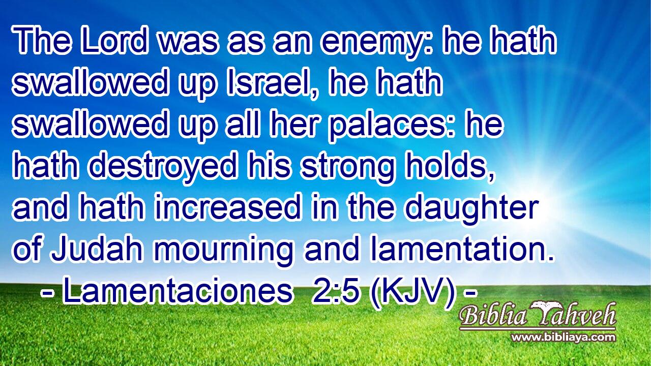 The Lord was as an enemy: he hath swallowed up Israel, he hath swallowed up all her palaces: he hath destroyed his strong holds, and hath increased in the daughter of Judah mourning and lamentation.