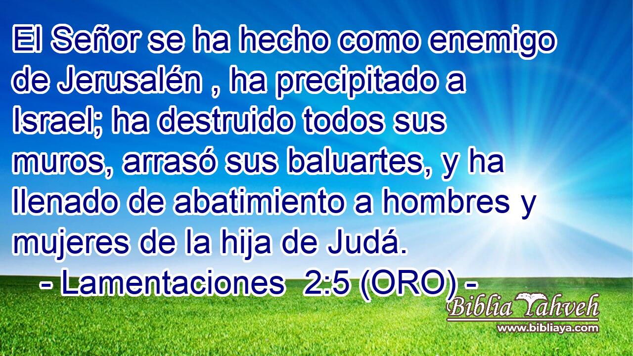  El Señor se ha hecho como enemigo de Jerusalén , ha precipitado a Israel; ha destruido todos sus muros, arrasó sus baluartes, y ha llenado de abatimiento a hombres y mujeres de la hija de Judá. 