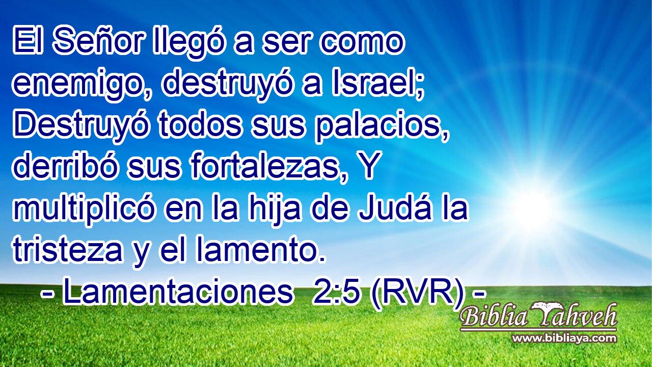 El Señor llegó a ser como enemigo, destruyó a Israel; Destruyó todos sus palacios, derribó sus fortalezas, Y multiplicó en la hija de Judá la tristeza y el lamento.