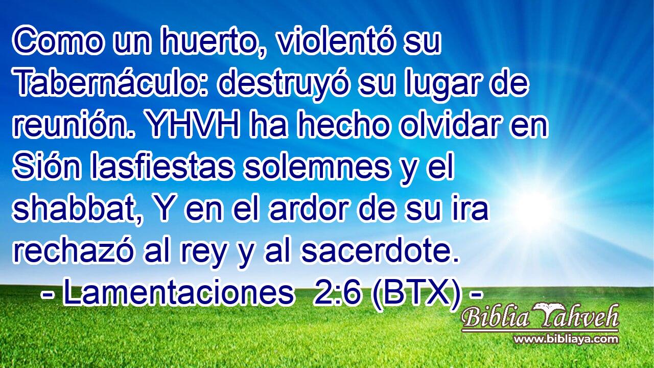 Como un huerto, violentó su Tabernáculo: destruyó su lugar de reunión. YHVH ha hecho olvidar en Sión lasfiestas solemnes y el shabbat, Y en el ardor de su ira rechazó al rey y al sacerdote.