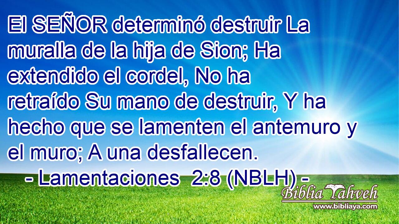  El SEÑOR determinó destruir La muralla de la hija de Sion; Ha extendido el cordel, No ha retraído Su mano de destruir, Y ha hecho que se lamenten el antemuro y el muro; A una desfallecen. 