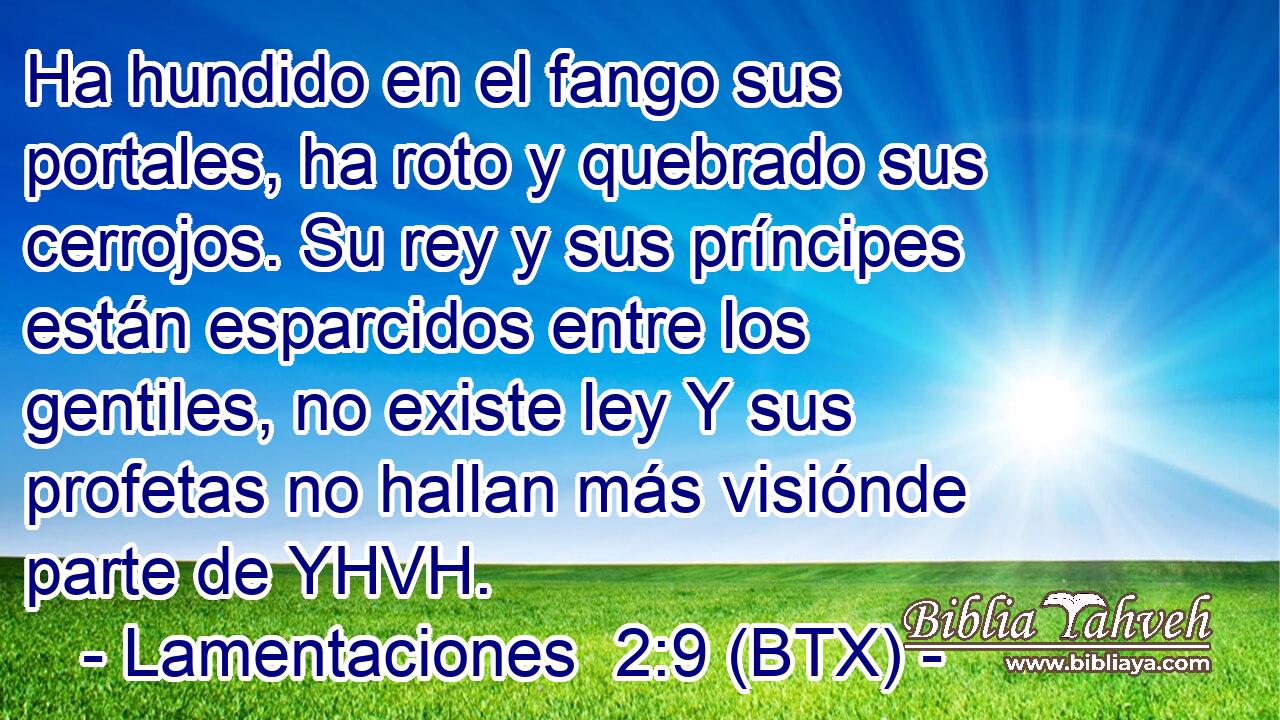 Ha hundido en el fango sus portales, ha roto y quebrado sus cerrojos. Su rey y sus príncipes están esparcidos entre los gentiles, no existe ley Y sus profetas no hallan más visiónde parte de YHVH.
