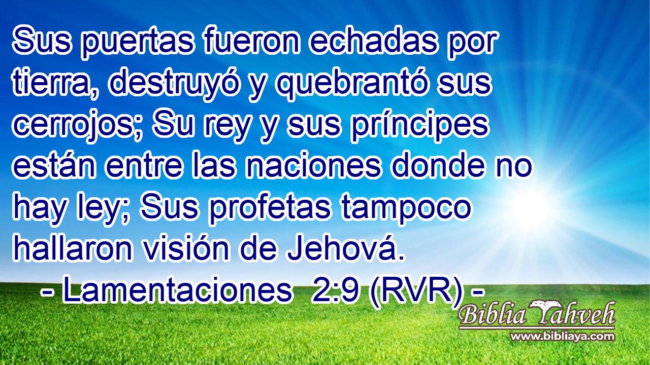 Sus puertas fueron echadas por tierra, destruyó y quebrantó sus cerrojos; Su rey y sus príncipes están entre las naciones donde no hay ley; Sus profetas tampoco hallaron visión de Jehová.