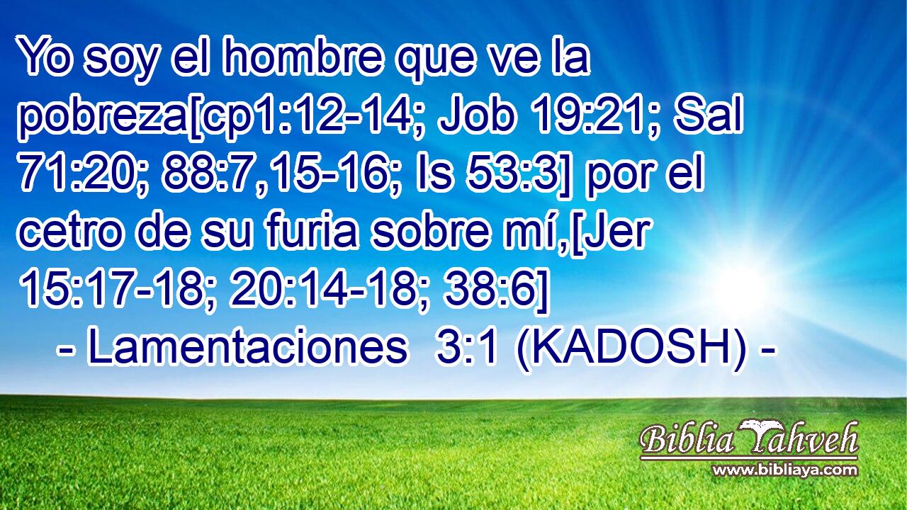  Yo soy el hombre que ve la pobreza[cp1:12-14; Job 19:21; Sal 71:20; 88:7,15-16; Is 53:3] por el cetro de su furia sobre mí,[Jer 15:17-18; 20:14-18; 38:6] 