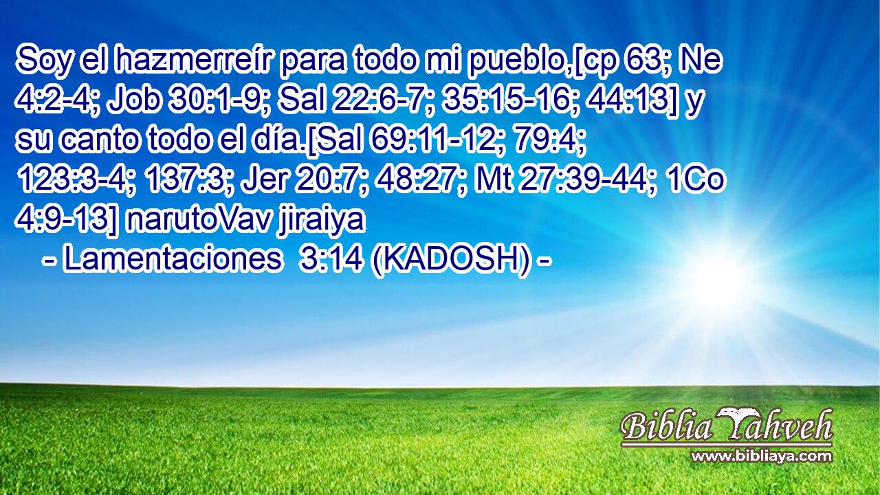  Soy el hazmerreír para todo mi pueblo,[cp 63; Ne 4:2-4; Job 30:1-9; Sal 22:6-7; 35:15-16; 44:13] y su canto todo el día.[Sal 69:11-12; 79:4; 123:3-4; 137:3; Jer 20:7; 48:27; Mt 27:39-44; 1Co 4:9-13] narutoVav jiraiya 