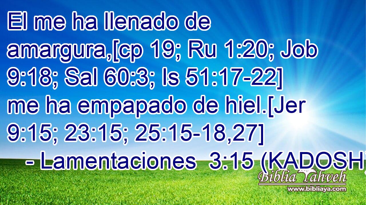  El me ha llenado de amargura,[cp 19; Ru 1:20; Job 9:18; Sal 60:3; Is 51:17-22] me ha empapado de hiel.[Jer 9:15; 23:15; 25:15-18,27] 