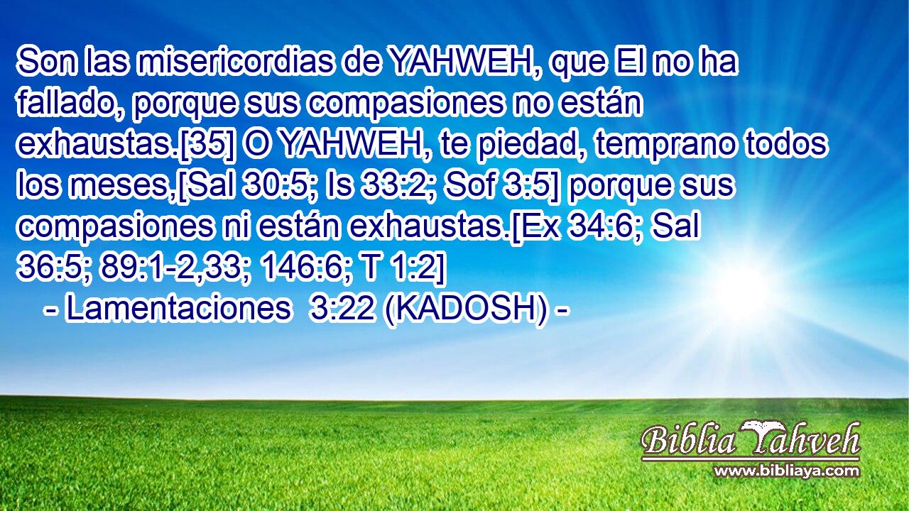  Son las misericordias de YAHWEH, que El no ha fallado, porque sus compasiones no están exhaustas.[35] O YAHWEH, te piedad, temprano todos los meses,[Sal 30:5; Is 33:2; Sof 3:5] porque sus compasiones ni están exhaustas.[Ex 34:6; Sal 36:5; 89:1-2,33; 146:6; T 1:2] 