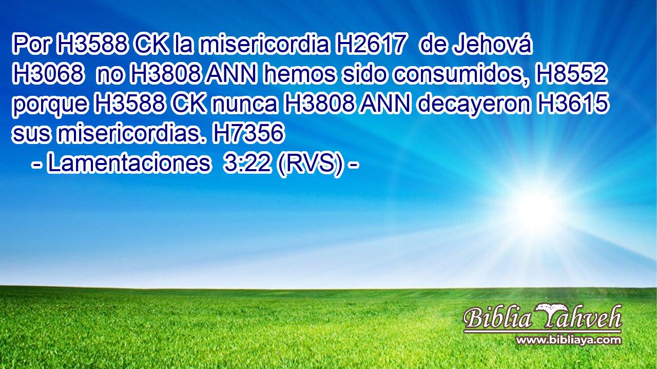 Por H3588 CK la misericordia H2617  de Jehová H3068  no H3808 ANN hemos sido consumidos, H8552  porque H3588 CK nunca H3808 ANN decayeron H3615  sus misericordias. H7356  