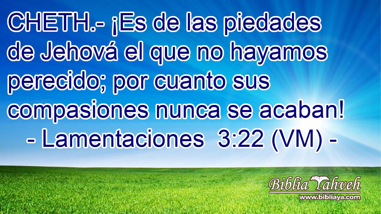  CHETH.- ¡Es de las piedades de Jehová el que no hayamos perecido; por cuanto sus compasiones nunca se acaban! 