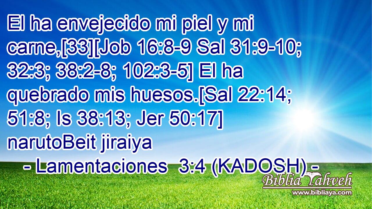  El ha envejecido mi piel y mi carne,[33][Job 16:8-9 Sal 31:9-10; 32:3; 38:2-8; 102:3-5] El ha quebrado mis huesos.[Sal 22:14; 51:8; Is 38:13; Jer 50:17] narutoBeit jiraiya 