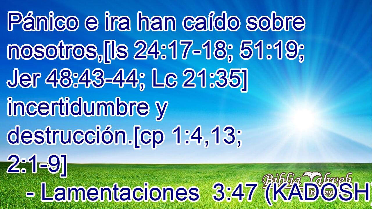 Pánico e ira han caído sobre nosotros,[Is 24:17-18; 51:19; Jer 48:43-44; Lc 21:35] incertidumbre y destrucción.[cp 1:4,13; 2:1-9] 