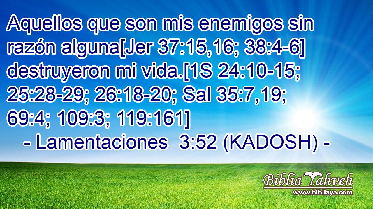  Aquellos que son mis enemigos sin razón alguna[Jer 37:15,16; 38:4-6] destruyeron mi vida.[1S 24:10-15; 25:28-29; 26:18-20; Sal 35:7,19; 69:4; 109:3; 119:161] 