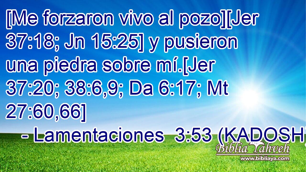  [Me forzaron vivo al pozo][Jer 37:18; Jn 15:25] y pusieron una piedra sobre mí.[Jer 37:20; 38:6,9; Da 6:17; Mt 27:60,66] 