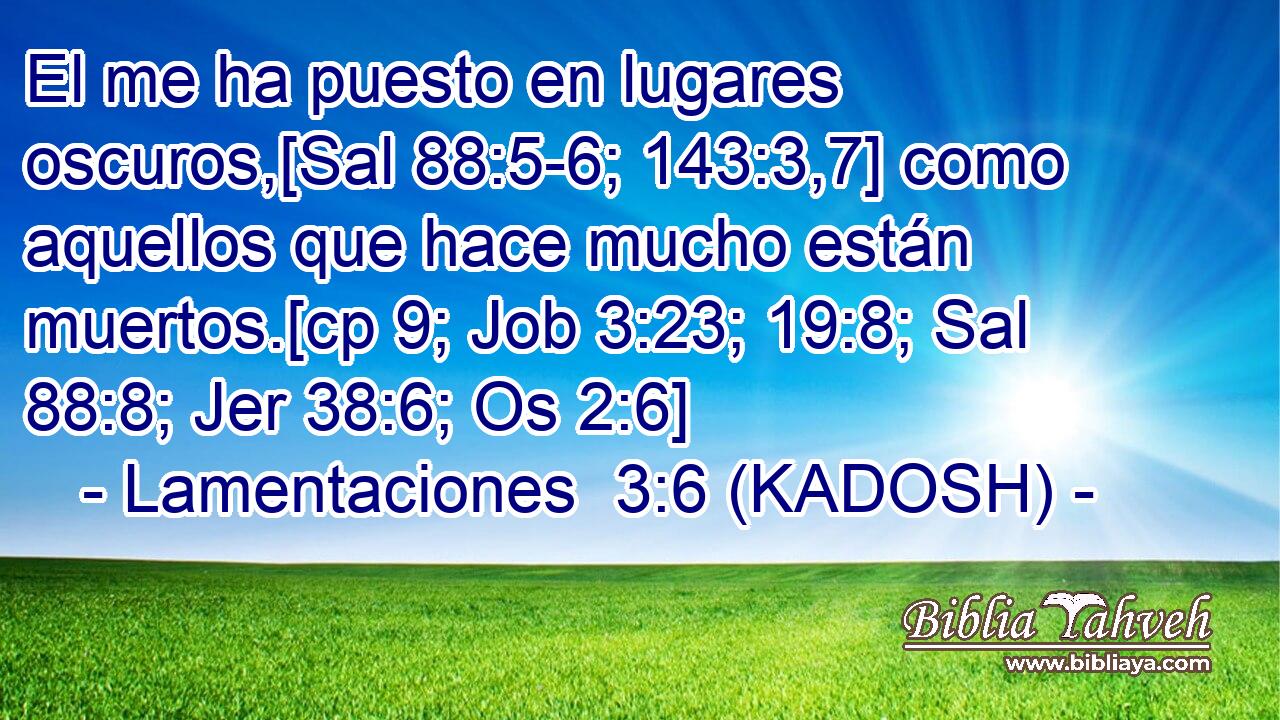  El me ha puesto en lugares oscuros,[Sal 88:5-6; 143:3,7] como aquellos que hace mucho están muertos.[cp 9; Job 3:23; 19:8; Sal 88:8; Jer 38:6; Os 2:6] 