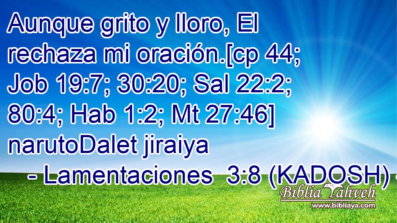  Aunque grito y lloro, El rechaza mi oración.[cp 44; Job 19:7; 30:20; Sal 22:2; 80:4; Hab 1:2; Mt 27:46] narutoDalet jiraiya 