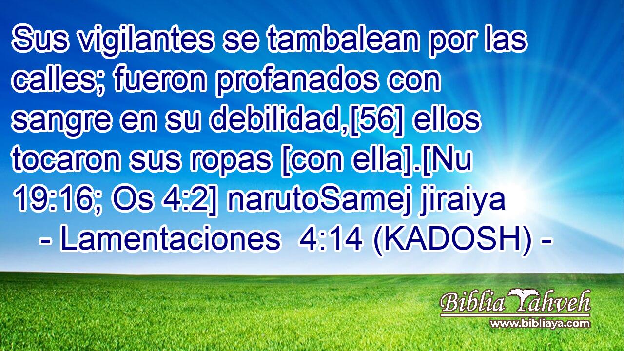  Sus vigilantes se tambalean por las calles; fueron profanados con sangre en su debilidad,[56] ellos tocaron sus ropas [con ella].[Nu 19:16; Os 4:2] narutoSamej jiraiya 