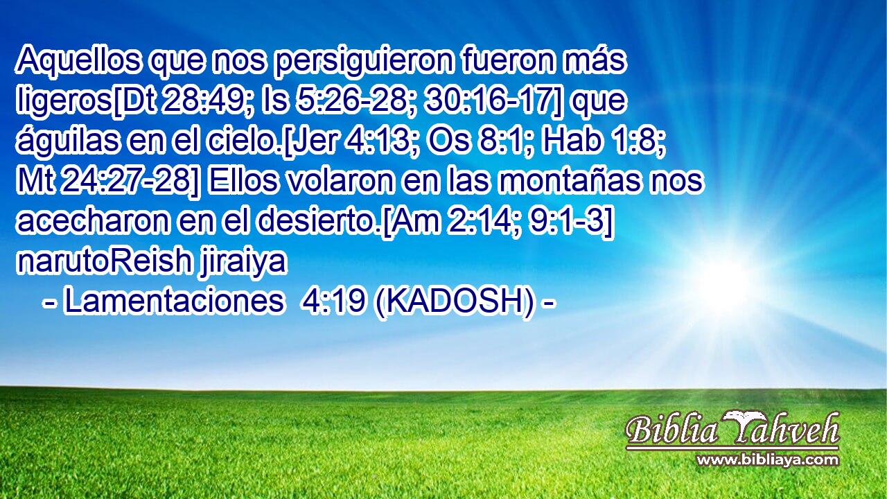  Aquellos que nos persiguieron fueron más ligeros[Dt 28:49; Is 5:26-28; 30:16-17] que águilas en el cielo.[Jer 4:13; Os 8:1; Hab 1:8; Mt 24:27-28] Ellos volaron en las montañas nos acecharon en el desierto.[Am 2:14; 9:1-3] narutoReish jiraiya 