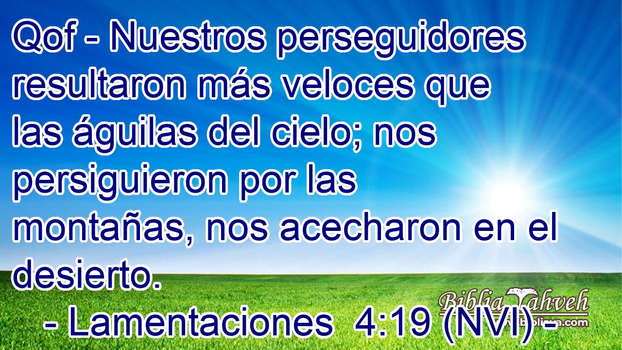  Qof - Nuestros perseguidores resultaron más veloces que las águilas del cielo; nos persiguieron por las montañas, nos acecharon en el desierto. 