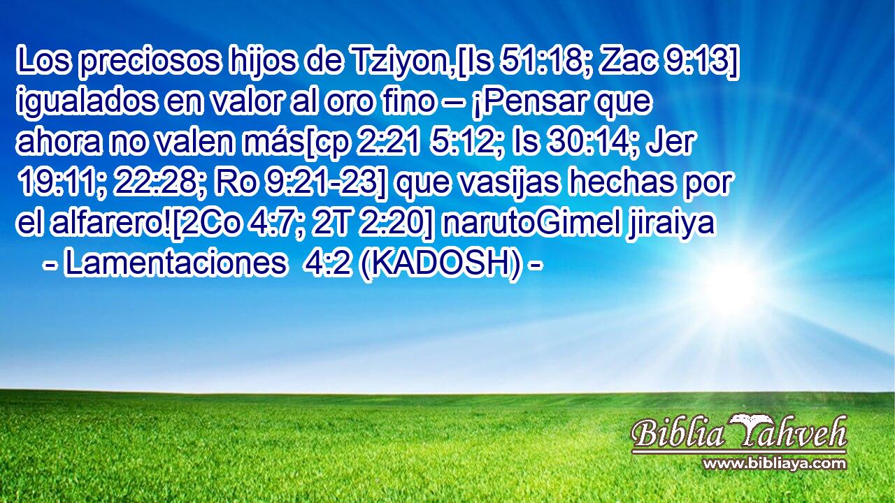  Los preciosos hijos de Tziyon,[Is 51:18; Zac 9:13] igualados en valor al oro fino – ¡Pensar que ahora no valen más[cp 2:21 5:12; Is 30:14; Jer 19:11; 22:28; Ro 9:21-23] que vasijas hechas por el alfarero![2Co 4:7; 2T 2:20] narutoGimel jiraiya 