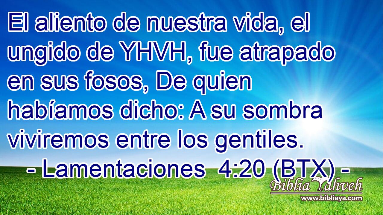 El aliento de nuestra vida, el ungido de YHVH, fue atrapado en sus fosos, De quien habíamos dicho: A su sombra viviremos entre los gentiles.