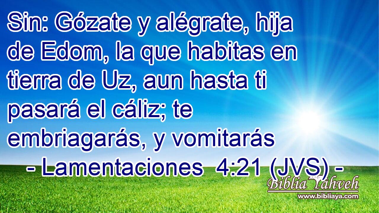Sin: Gózate y alégrate, hija de Edom, la que habitas en tierra de Uz, aun hasta ti pasará el cáliz; te embriagarás, y vomitarás