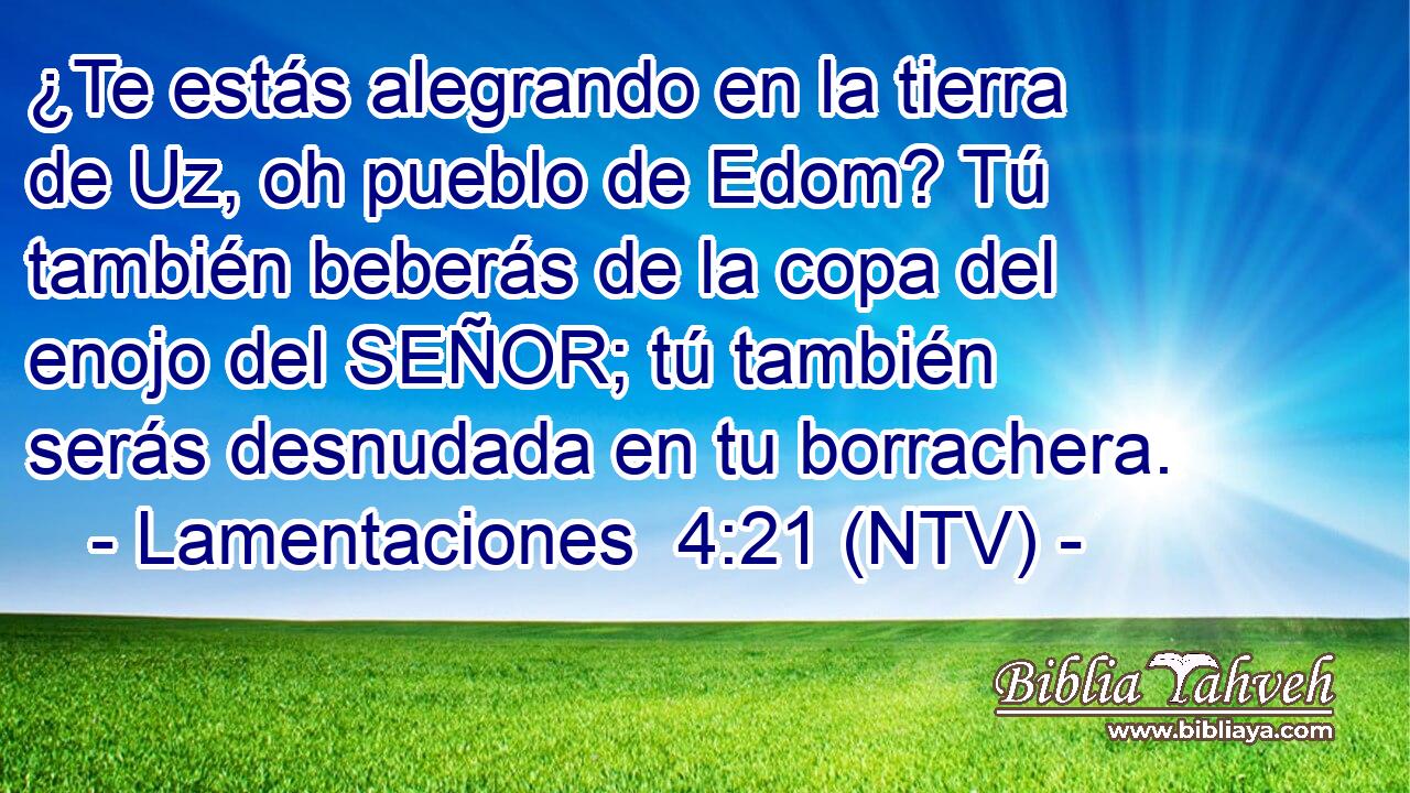 ¿Te estás alegrando en la tierra de Uz, oh pueblo de Edom? Tú también beberás de la copa del enojo del SEÑOR; tú también serás desnudada en tu borrachera.