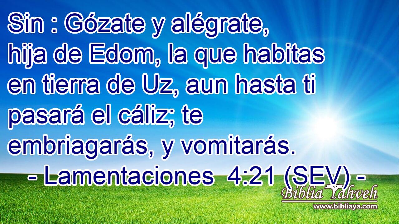 Sin : Gózate y alégrate, hija de Edom, la que habitas en tierra de Uz, aun hasta ti pasará el cáliz; te embriagarás, y vomitarás.
