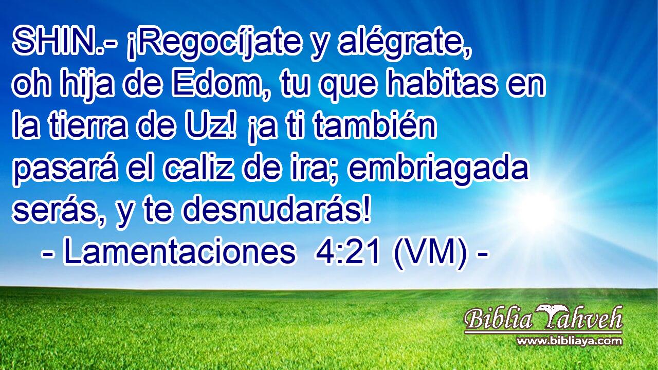  SHIN.- ¡Regocíjate y alégrate, oh hija de Edom, tu que habitas en la tierra de Uz! ¡a ti también pasará el caliz de ira; embriagada serás, y te desnudarás! 