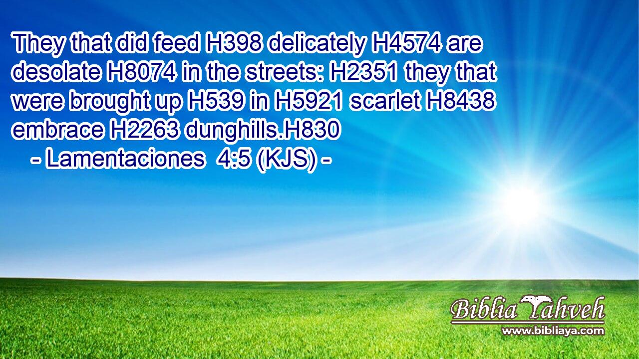They that did feed H398 delicately H4574 are desolate H8074 in the streets: H2351 they that were brought up H539 in H5921 scarlet H8438 embrace H2263 dunghills.H830