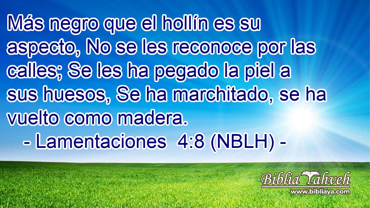  Más negro que el hollín es su aspecto, No se les reconoce por las calles; Se les ha pegado la piel a sus huesos, Se ha marchitado, se ha vuelto como madera. 