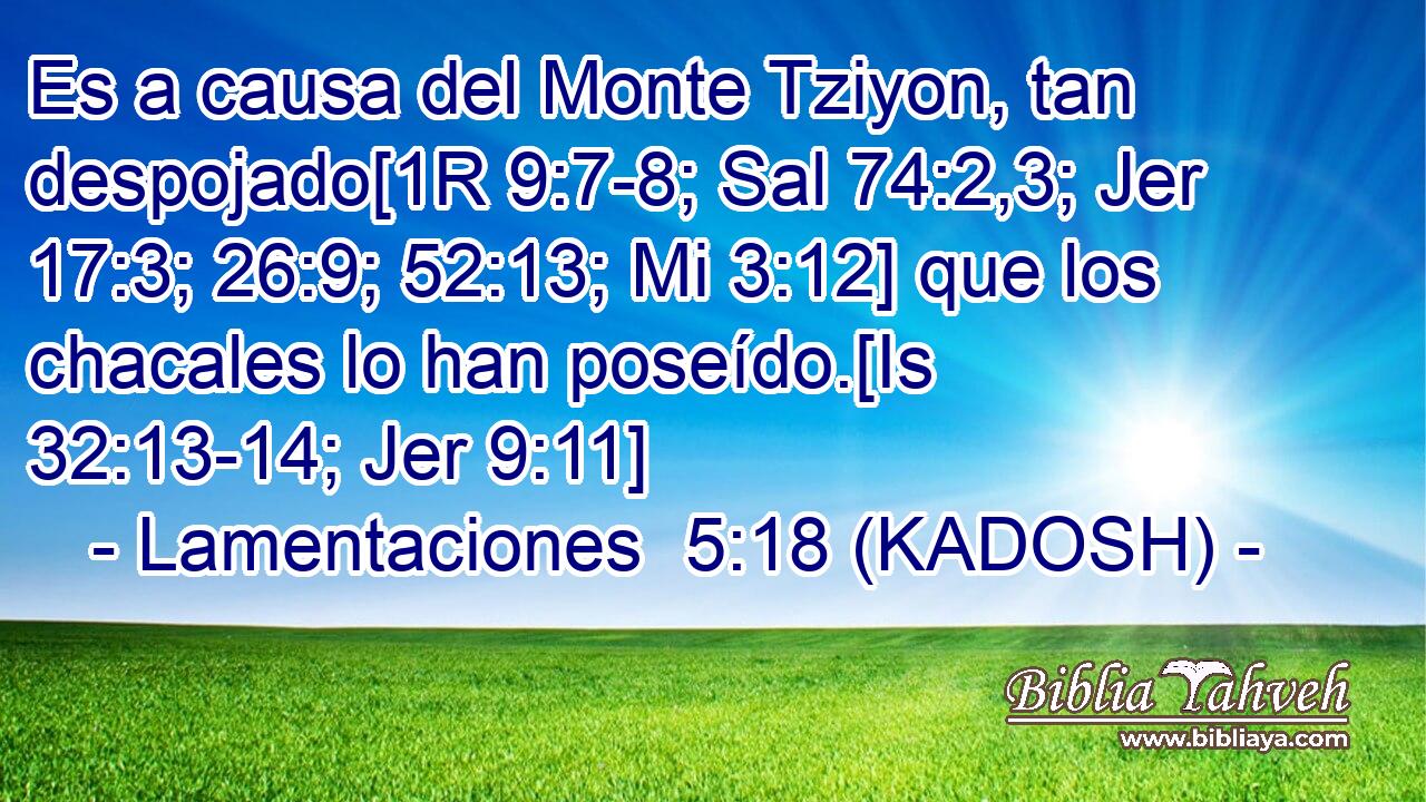  Es a causa del Monte Tziyon, tan despojado[1R 9:7-8; Sal 74:2,3; Jer 17:3; 26:9; 52:13; Mi 3:12] que los chacales lo han poseído.[Is 32:13-14; Jer 9:11] 
